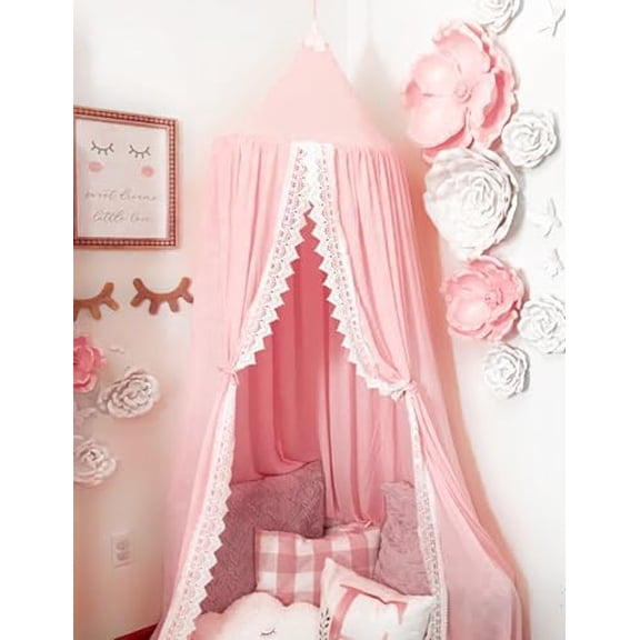 Princess Bed Canopy Mosquito Net for Kids Baby Crib, Round Dome Kids Indoor Outdoor Castle Play Tent Hanging House Decoration Reading Nook Cotton Canvas,Pink