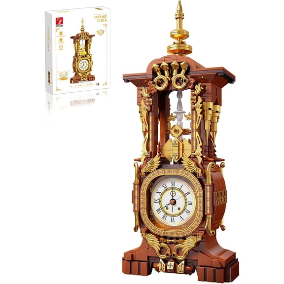 Vintage Clock Building Block Set, Stem Toy with Real Clock Function and Controllable Lighting, Technic Building Kit, Unique Home Decoration and Collectible, Birthday Gifts for Adults & Kids 6-12
