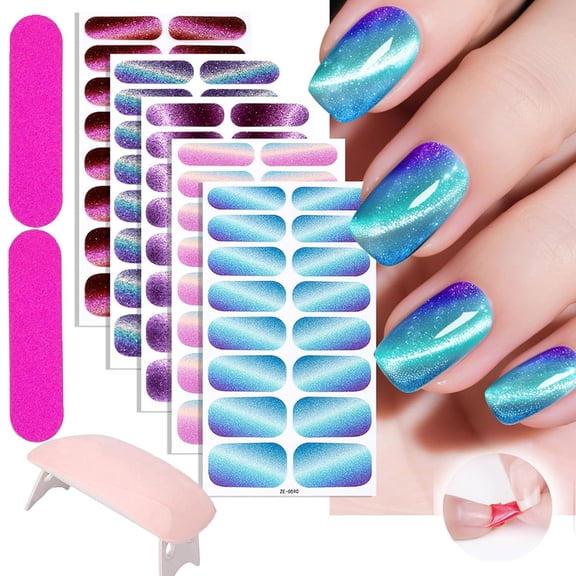 Nails Gel Stickers with UV Light Starter Kit,Semi Cured Gels Nails Strips,Salon Quality, Long Lasting for Home DIY (5PCS)