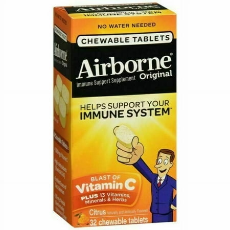 Airborne Immune Support Supplement with Vitamin C, Chewable Tablets-Citrus-32 ct