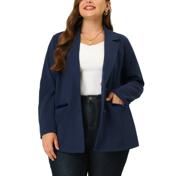 Agnes Orinda Women's Plus Size Fall Workwear Notched Lapel Button Down Office Blazer 2X Navy Blue