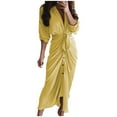 thumbnail image 2 of qolati Women 2023 Long Sleeve Dress Trendy Lapel V Neck Button Down Satin Dress Belted Elegant Ruched Spring Summer Maxi Shirt Dresses, 2 of 4