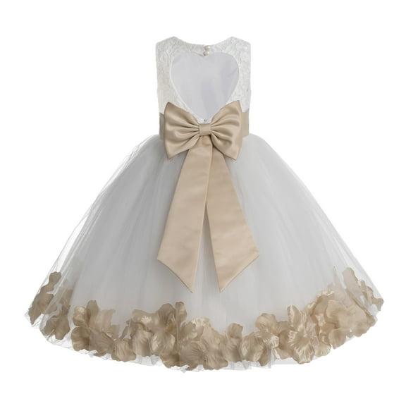 Ekidsbridal Ivory Floral Lace Heart Cutout Flower Girl Dress with Petals Junior Bridesmaid Formal Evening Ceremonial Gown 185T 4