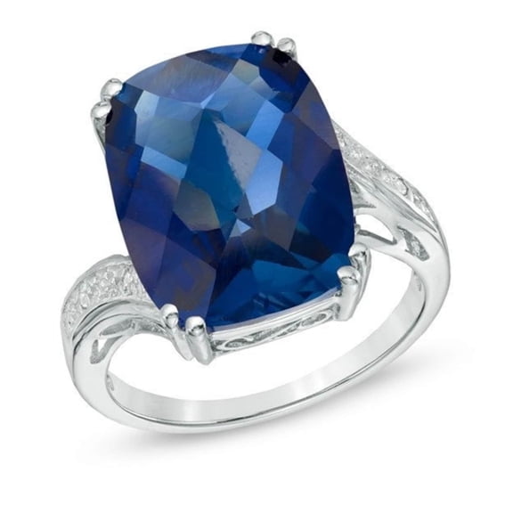 Cushion-Cut Lab-Created Blue Sapphire and Diamond Accent Ring in 14K White Gold Plated