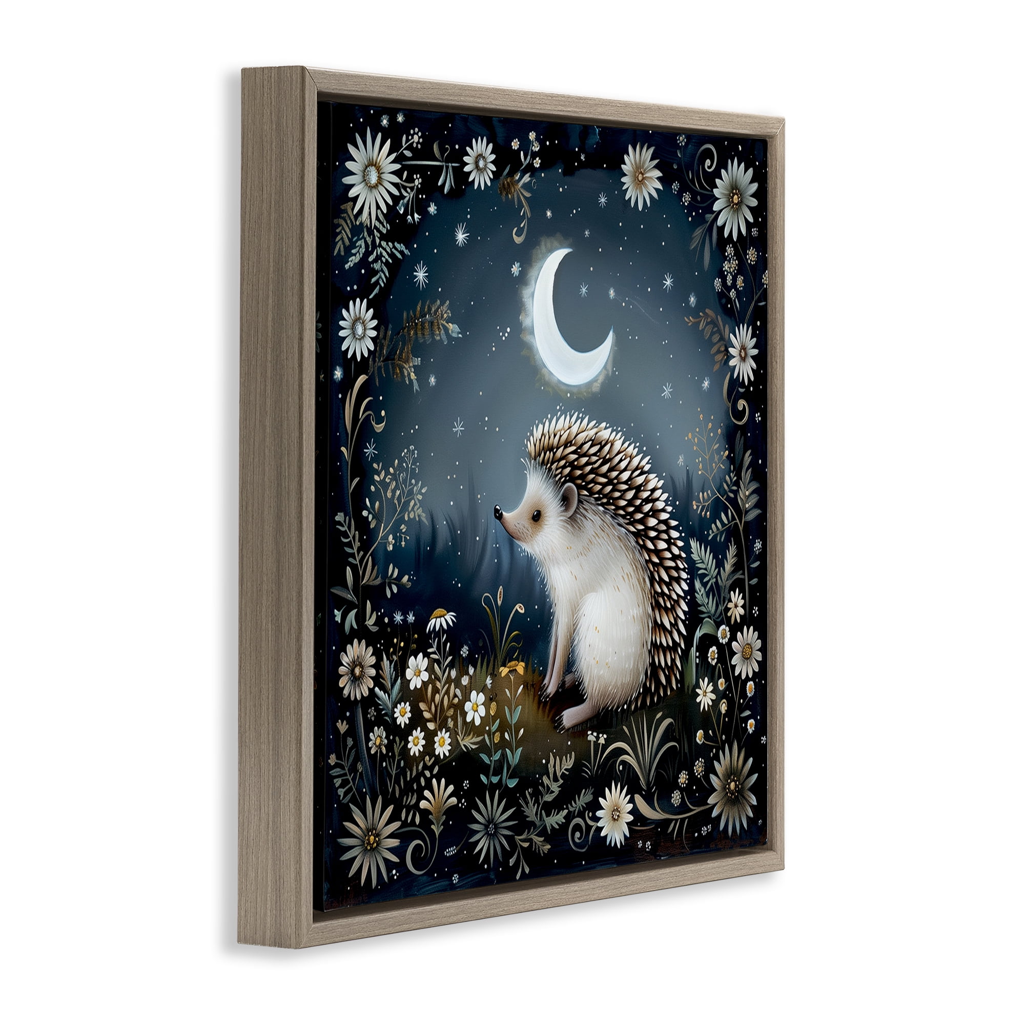 Stupell Industries Hedgehog Under Forest Moon Animals Painting Brown Floater Framed Canvas Art Print Wall Art, 18 x 18