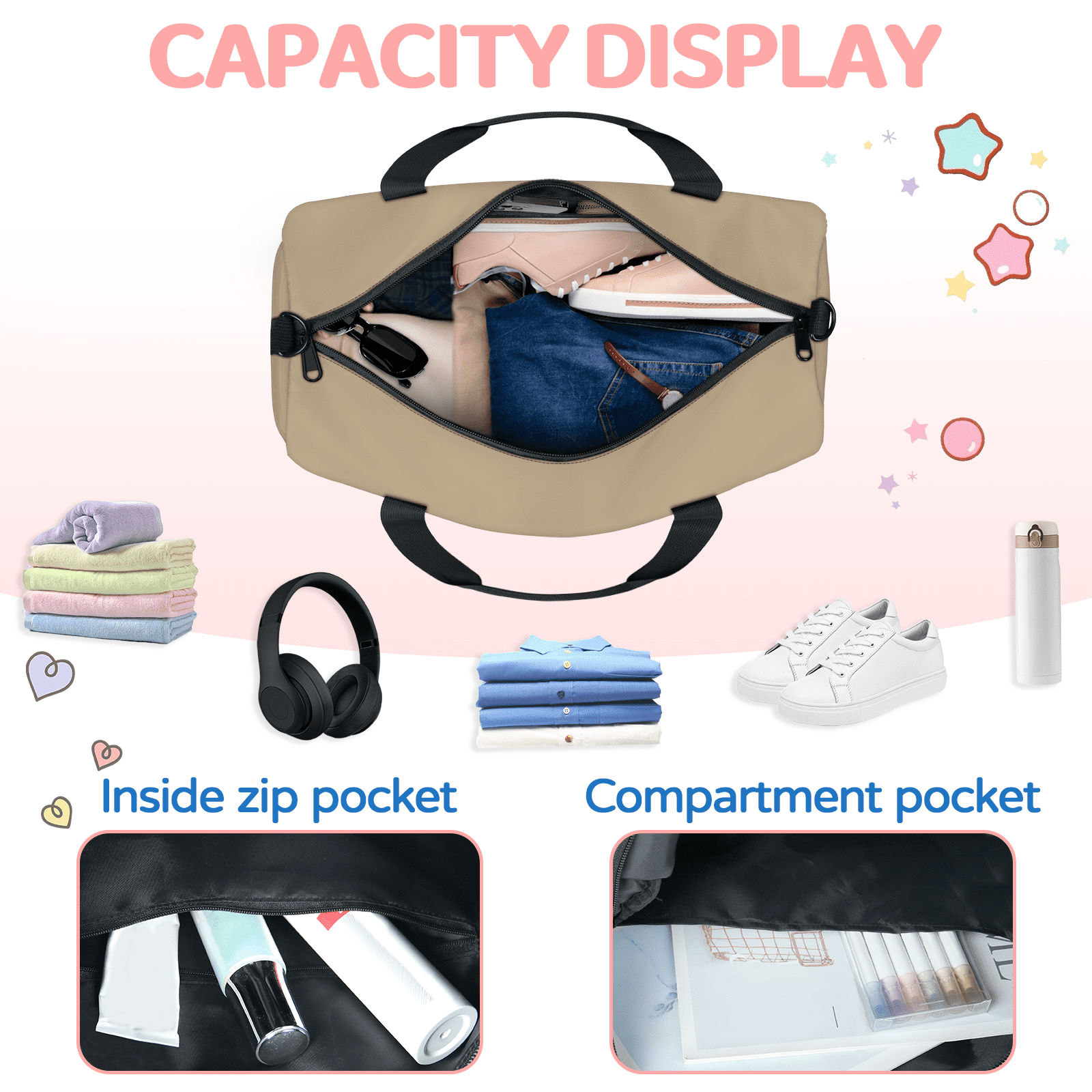 Herdesigns Tan Travel Duffle Bag Sports Yoga Weekender Overnight Carry on Workout Bags Lightweight Waterproof Gym Tote Bag for Women