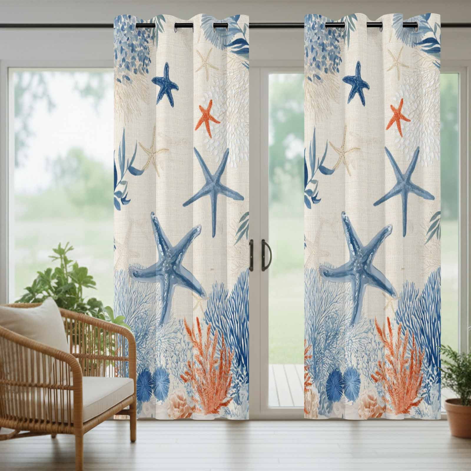 Summer Ocean Outdoor Curtains for Patio, Vintage Nautical Sea Orange Blue Starfish Corals Seashell Sunshade Privacy Drapes Grommet Waterproof Outside Curtains for Porch Balcony 54"x108", 1 Panel