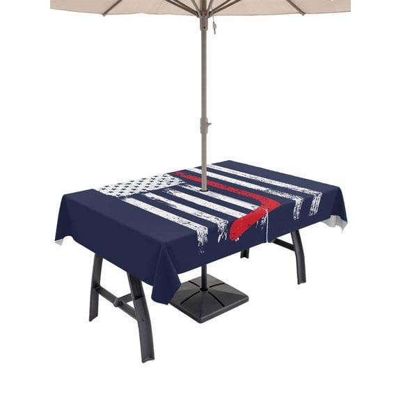 60x102 Inch Outdoor Tablecloth with Umbrella Hole Zipper Rectangle Navy Blue Hockey American Flag Rectangular Tablecloths Outside Waterproof Vintage Abstract US Flag Patio Table Cover for Picnic