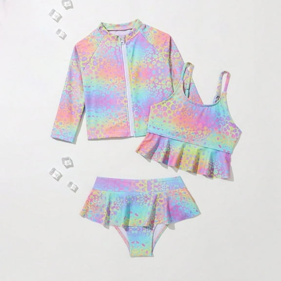 Delliss Girls 3 Piece Swimsuits Set with Long Sleeve Cover Up Strap Top Shorts Summer Beach Swimwear Set