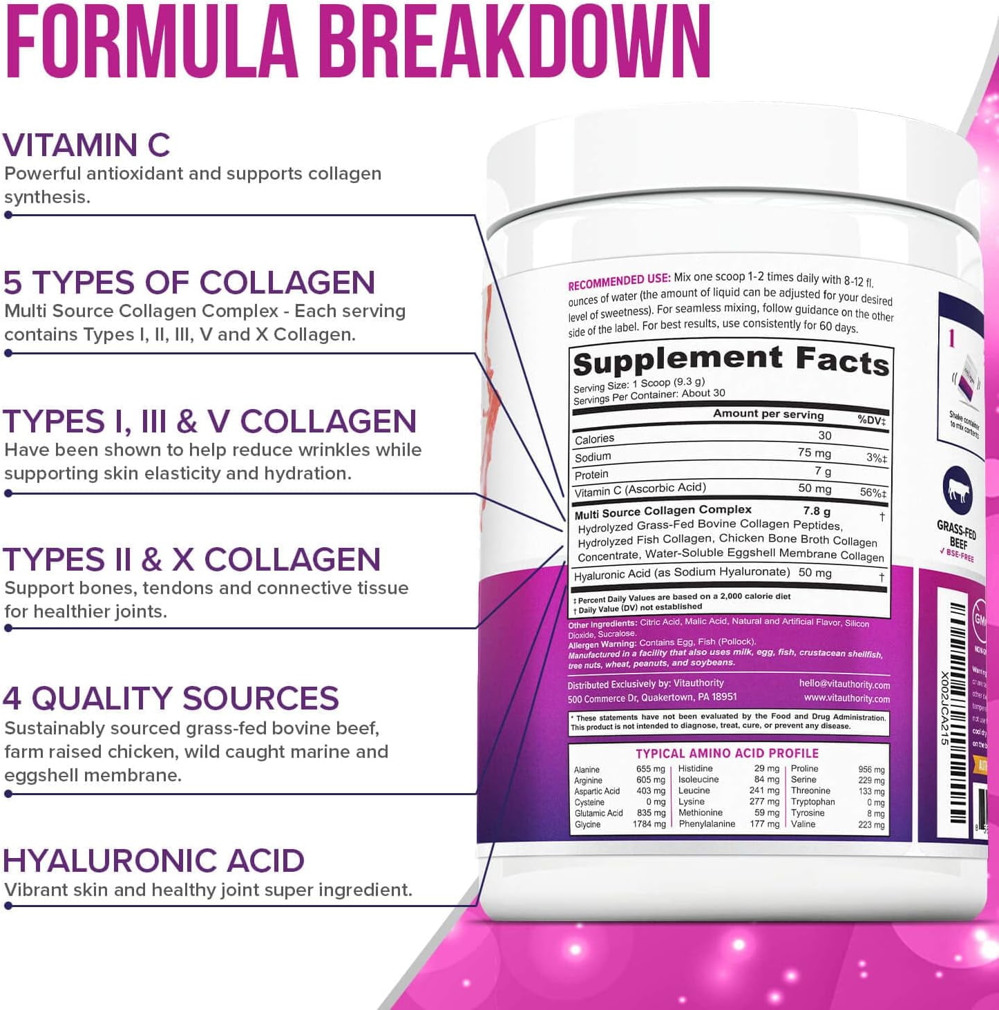 Vitauthority Multi Collagen Peptides Hydrolyzed Protein Powder with Hyaluronic Acid & Vitamin C, Strawberry, 9.7 oz