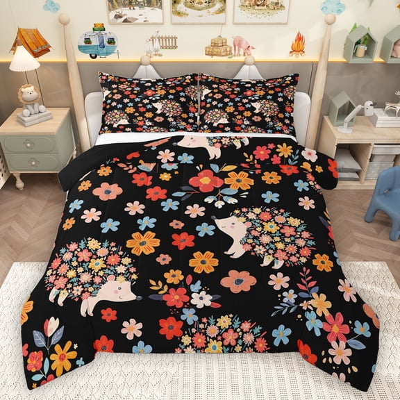Homewish Tribal Flower Hedgehog Queen Comforter Set, Cartoon Cherry Blossoms Bedding Sets, Kawaii Animal Reversible Bedding Comforter Set, Luxury Bedroom Decor, 3 Pieces