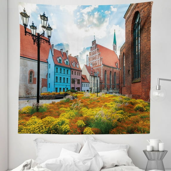 Victorian Tapestry, Old City Riga Latvia Capital Historical Buildings Medieval Town Image Print, Fabric Wall Hanging Decor for Bedroom Living Room Dorm, 5 Sizes, Multicolor, by Ambesonne