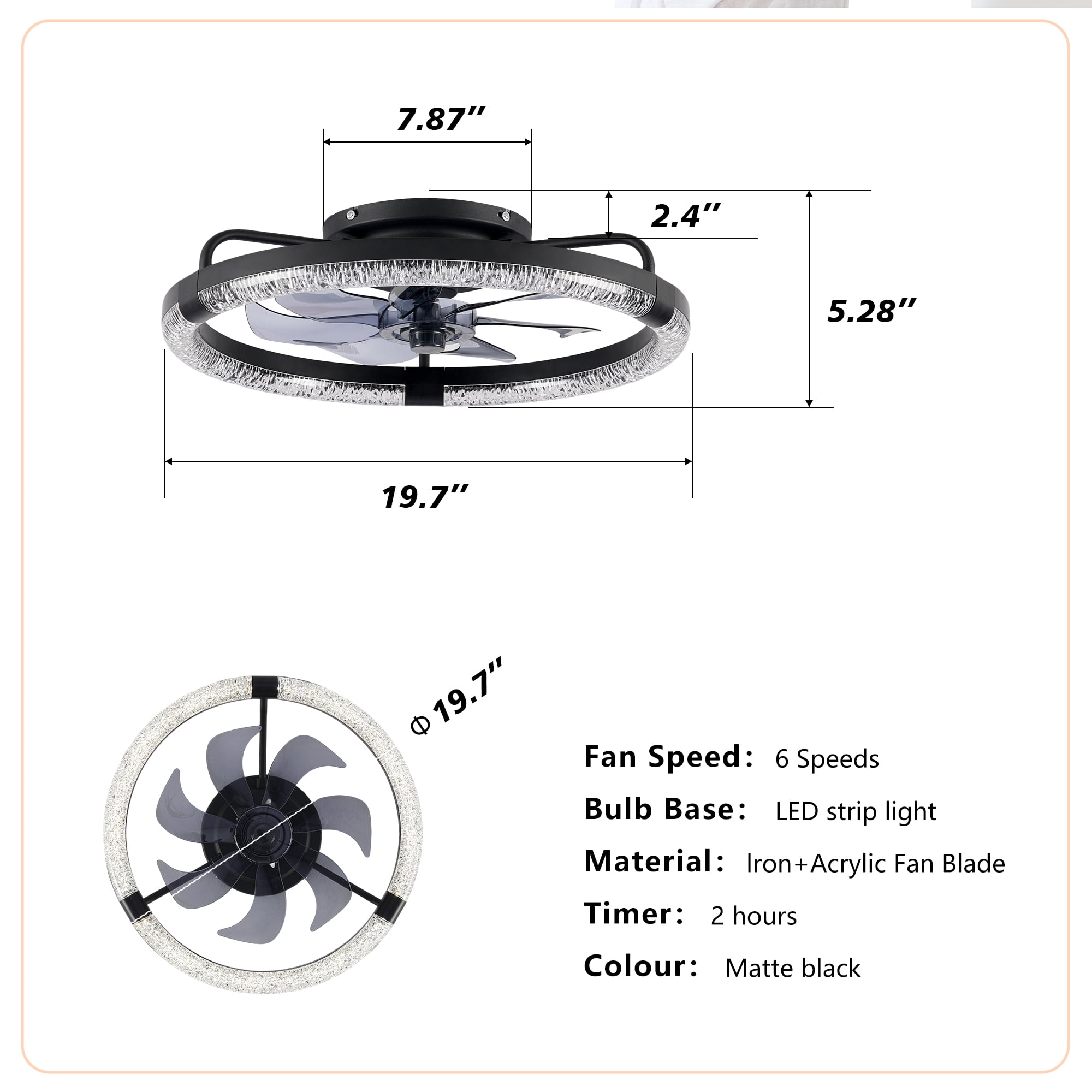 Leumius 20" Ceiling Fans with Light and Remote, 3000-6500K Dimmable Modern Flush Mount LED Fan Light, 6 Speeds, Quiet DC Motor for Living Room Bedroom Kitchen Matte Black