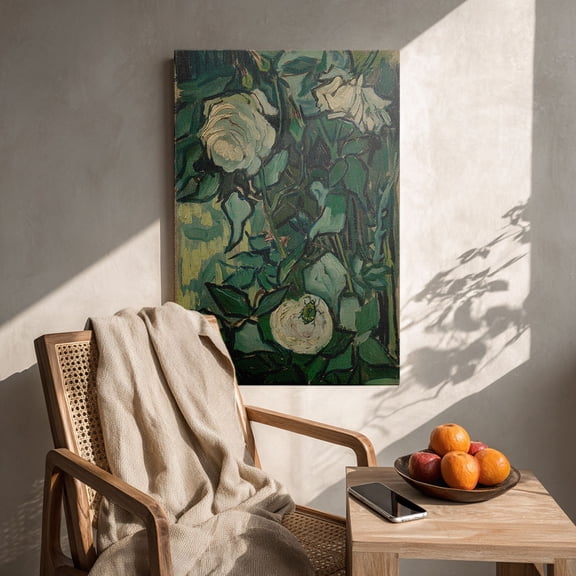 “Van Gogh-Style White Roses (Earthy Tone)” Post-Impressionist Canvas Wall Art Ready to Hang for Living Room and Bedroom
