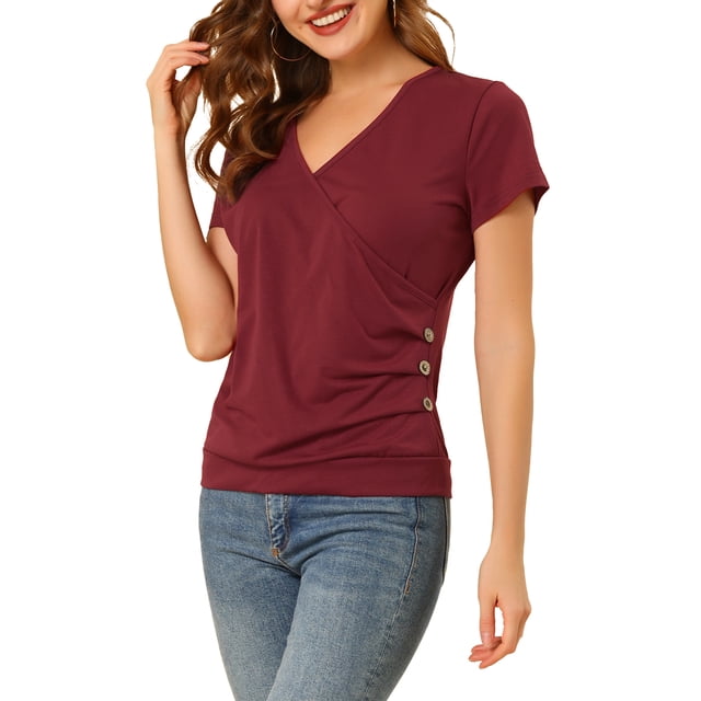 INSPIRAR CHIC Blusas de Mujer con Manga Corta y Cuello en V, Decoración de Botones, Fruncidas, Casual, Burdeos M