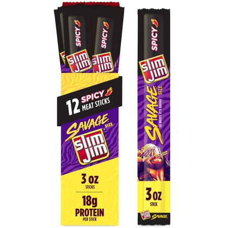 Slim Jim Savage Smoked Meat Sticks, Spicy Flavor, High Protein, 3.0 oz. (12-Count)