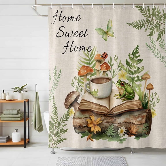 Shower Curtain Mushroom Frog Shower Curtains for Bathroom Decor, Waterproof Polyester Shower Curtain Set with Hooks, Standard Size 72" x 72" Bread Coffee Book Beige