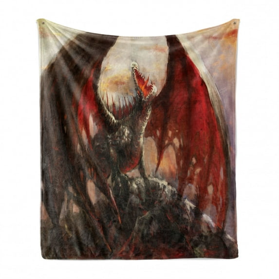 Fantasy World Soft Flannel Fleece Blanket, Majestic Dragon Resting on Mountain Mythological Fire-Spewing Creature Print, Cozy Plush for Indoor and Outdoor Use, 50" x 60", Multicolor, by Ambesonne