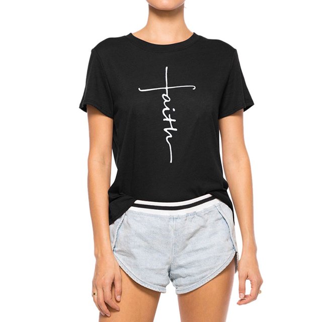 T-Shirt Col Rond Imprimé Croix Foi pour Femmes