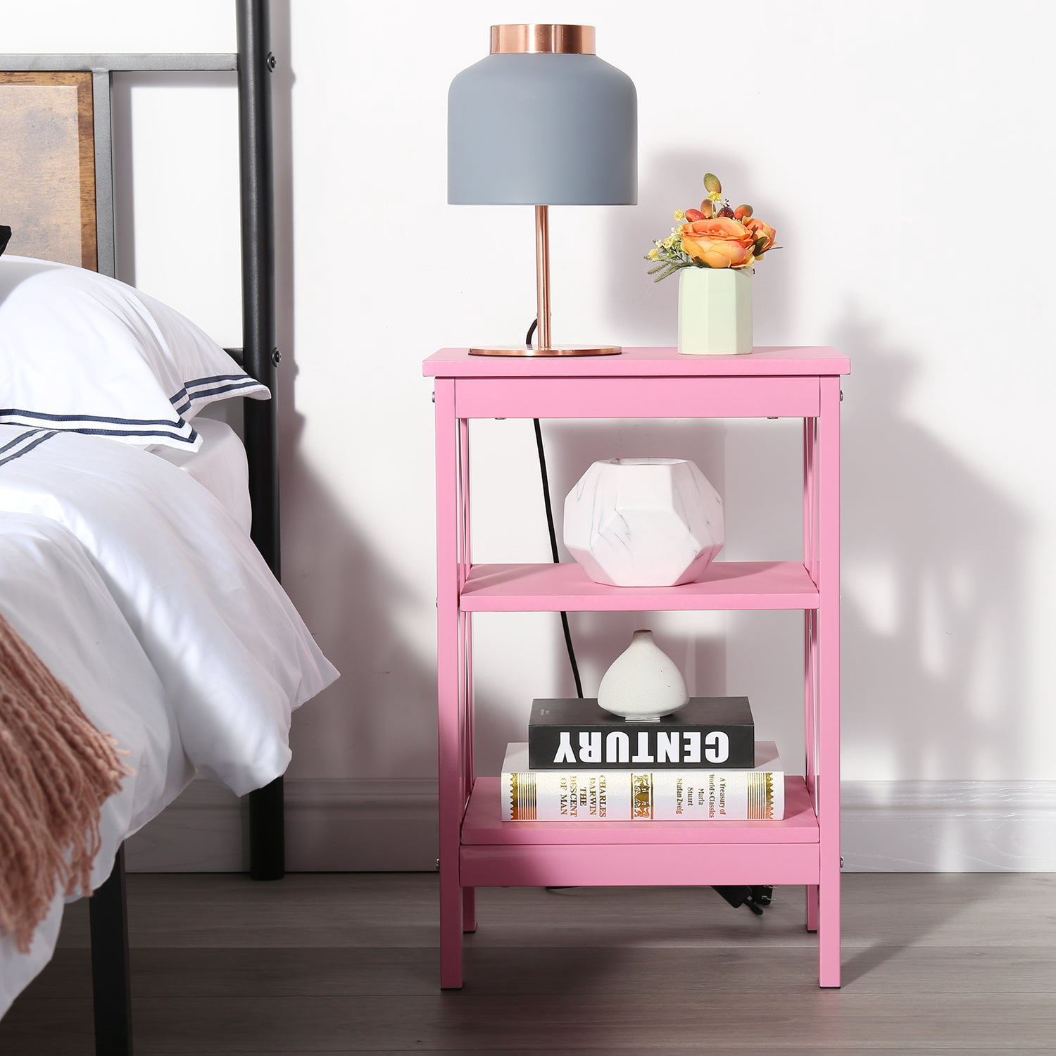 VECELO Set of 2 Nightstand with 3-Tier Shelves, X-Shaped Sofa Side End Table for Bedroom/Living Room/Office, Pink