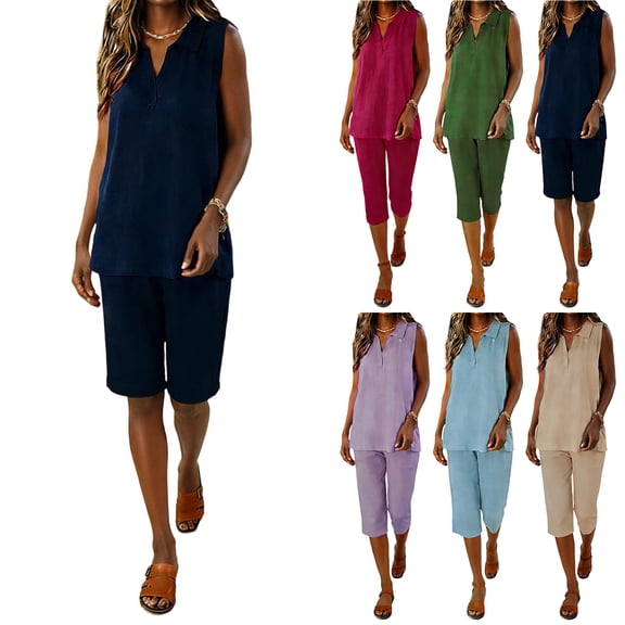 Bloomae Linen Sets For Women 2 Piece Sleeveless V Neck Collared Tshirt Tops & Lounge Capri Pants Sets Summer Beach Vacation Travel Outfits Khaki XXL