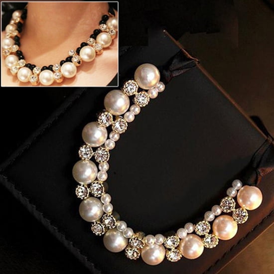 SmartBy Women Fashion Double Row Faux Pearl Adjustable Ribbon Chain Choker Necklace