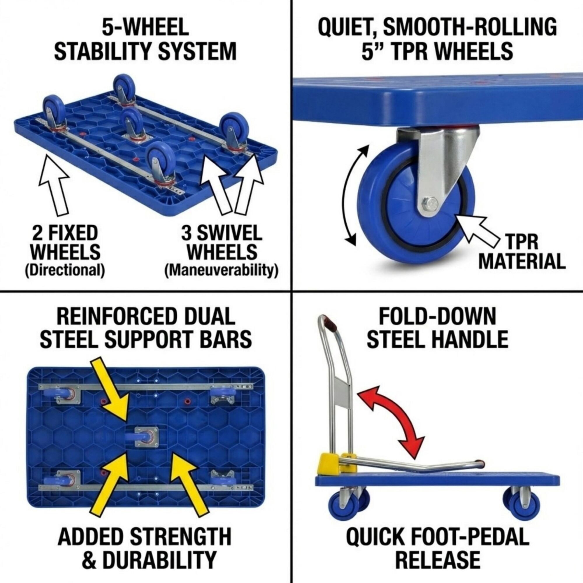 Dolly, Foldable Platform Push Hand Truck Cart, 1320 lbs. Weight Capacity, Blue Hand Truck,Metal Furniture Dolly, Auto Parts & Transport Hand Trucks & Dollies