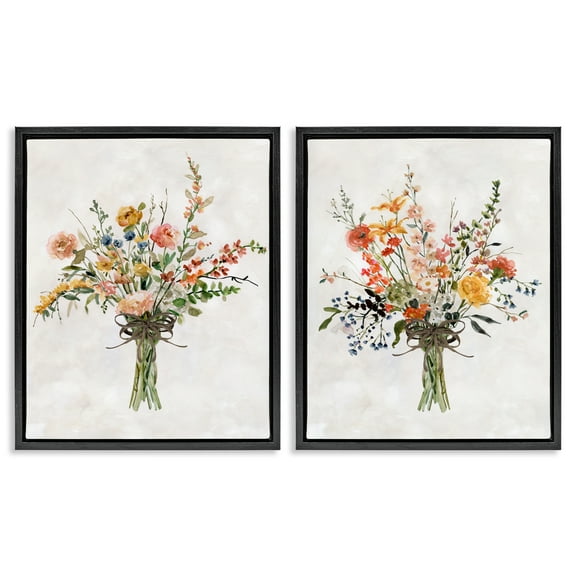 Stupell Industries Fresh Cut Tied Floral Bouquet Plants & Flowers Painting Black Floater Framed Canvas Art Print Wall Art, 17 x 21, Set of 2