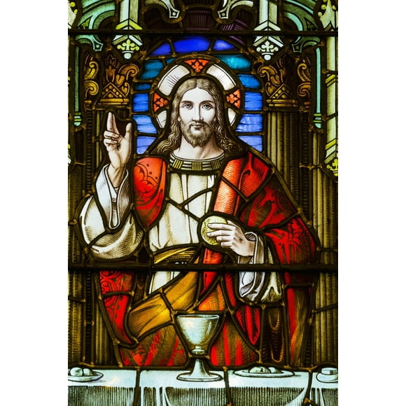 Close up of stain glass window with Jesus Christ at a table with chalice and holding bread; Calgary, Alberta, Canada Poster Print (8 x 10)