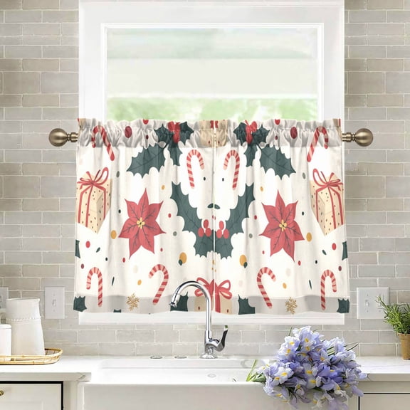 Yayeee Kitchen Curtains Light Filtering 27"x24" Rod Pocket Short Cafe Window Panel, Beige Christmas Candy Canes
