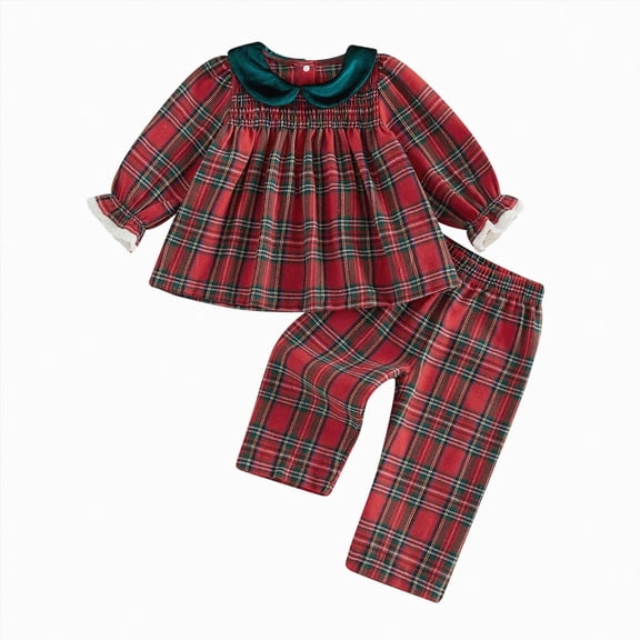 yboeqw Fall Outfit Set for Toddler Girls Plaid Velvet Long Sleeve T-Shirt Casual Pant 2Piece Set,Size 6-12 Months
