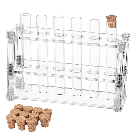 12 Pcs Glass Test Tubes with Rack Cork Stoppers Clear Test Tubes with Acrylic Holder 6 Holes Tubes Rack Kit for Scientific Experiments Decorations