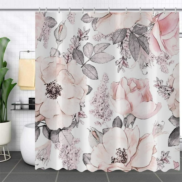Pink Floral Shower Curtain, Pink and Grey Watercolor Rose Blossom Ink Painting Art Bathroom Curtain for Spring Bathtub Home Decor Waterproof Fabric Machine Washable with 12 Hooks