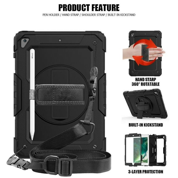 Apple iPad 7th Generation 10.2 Inch Shockproof Protective 360 Rotating Stand W. Strap Case Cover Black/Black