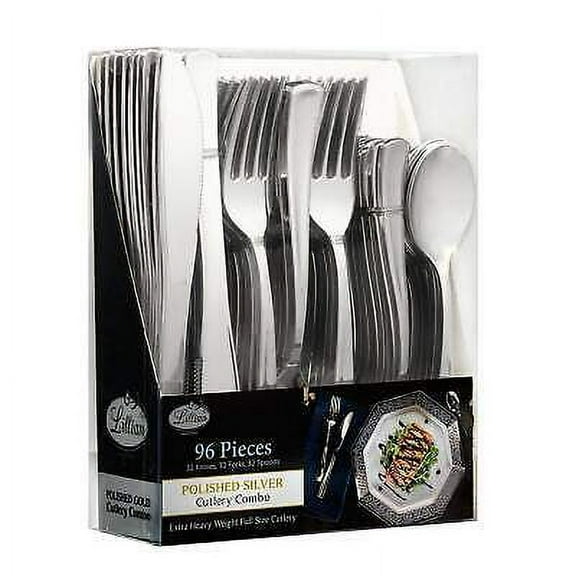 Cutlery Silverware Extra Heavyweight Disposable Flatware Combo Silver 96Count