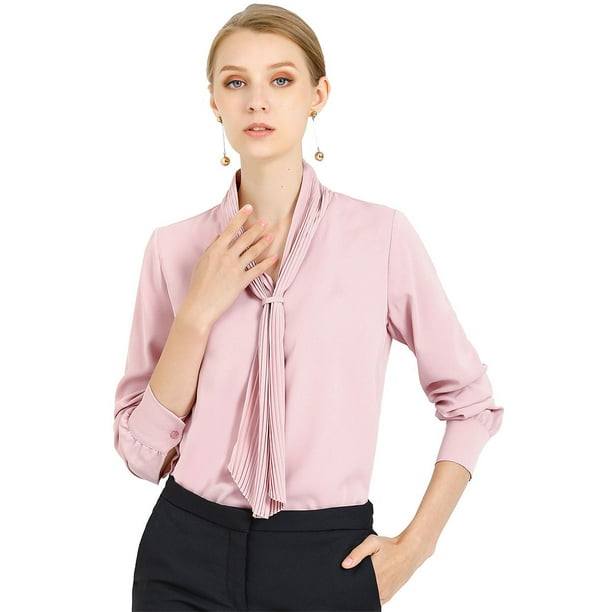 INSPIRE CHIC Blusa Elegante De Oficina De Trabajo Para Mujer, Camisa Plisada Con Cuello De Lazo Y Manga Larga Rosa XL