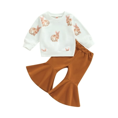 

Qtinghua Toddler Baby Girls Easter Clothes Bunny Rabbit Print Long Sleeve Sweatshirt and Flare Pants 2Pcs Set White 6-12 Months