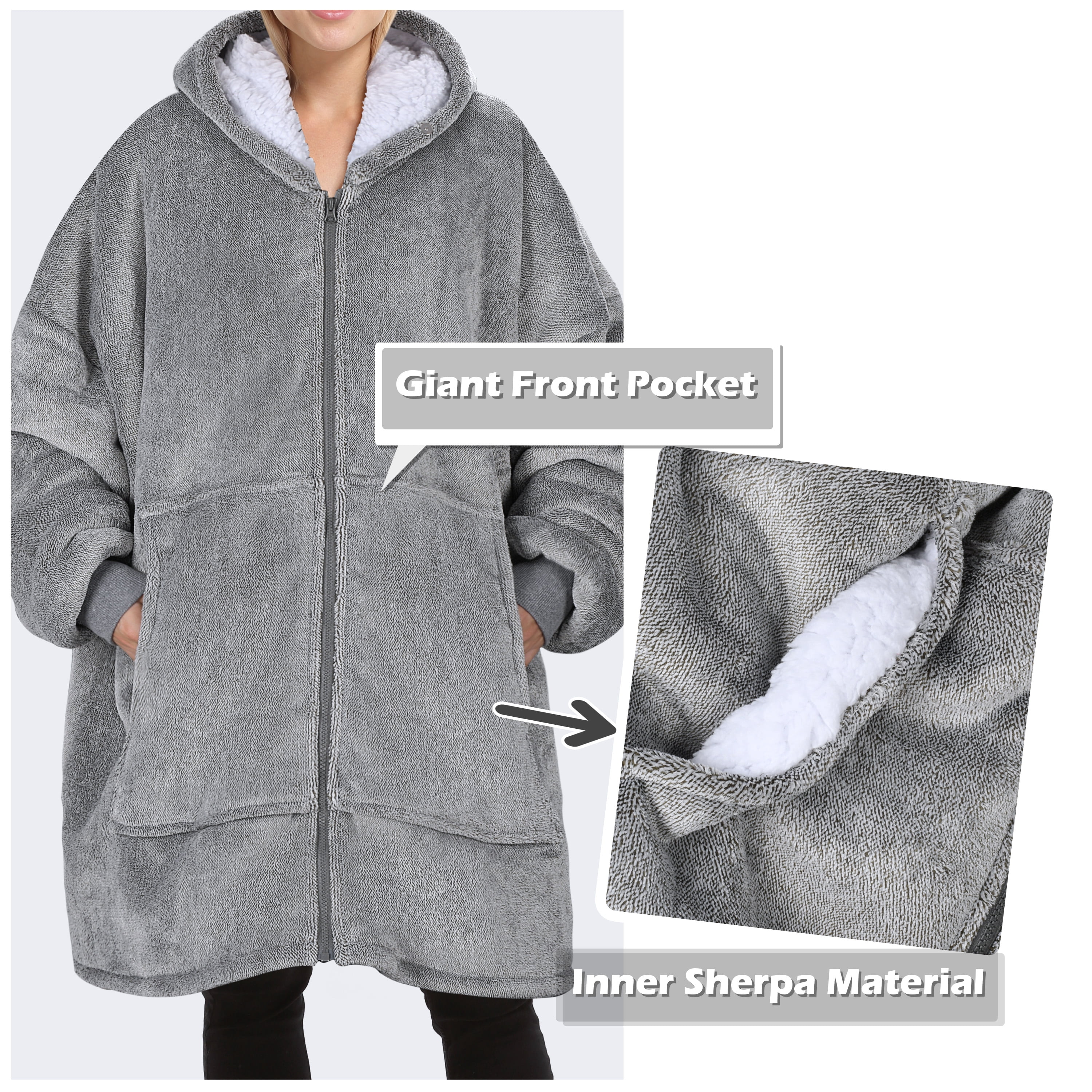 Catalonia Oversized Hoodie Blanket with Zipper, Wearable Sherpa Sweatshirt Pullover, Soft Warm Comfortable Jacket for Adults Men Women, Ash Grey