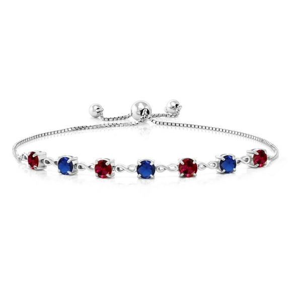 Gem Stone King 925 Sterling Silver Round Red Created Ruby and Blue Created Sapphire Tennis Bracelet for Women (2.65 Cttw, Gemstone July Birthstone, Round 4.5MM, Fully Adjustable up to 9 inch)