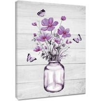 Floral Wall Art for Living Room,Purple Flower and Butterfly in Vase Canvas Wall Art Country Wildflower on Rustic Wooden Boards Framed Wall Art for Bedroom Bathroom Wall Decor,16L X 12W inches