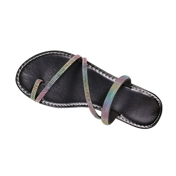 Sparkling Rhinestones Strap Flat Slippers for Women Summer Casual Dressy Sandals with Toe Ring Slip-on Flip Flops