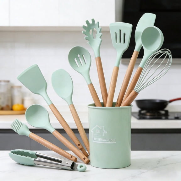 Premium 12-piece silicone kitchen utensil set with storage bucket, heat-resistant cooking tools, natural wooden handles, non-scratch, suitable for all cookware