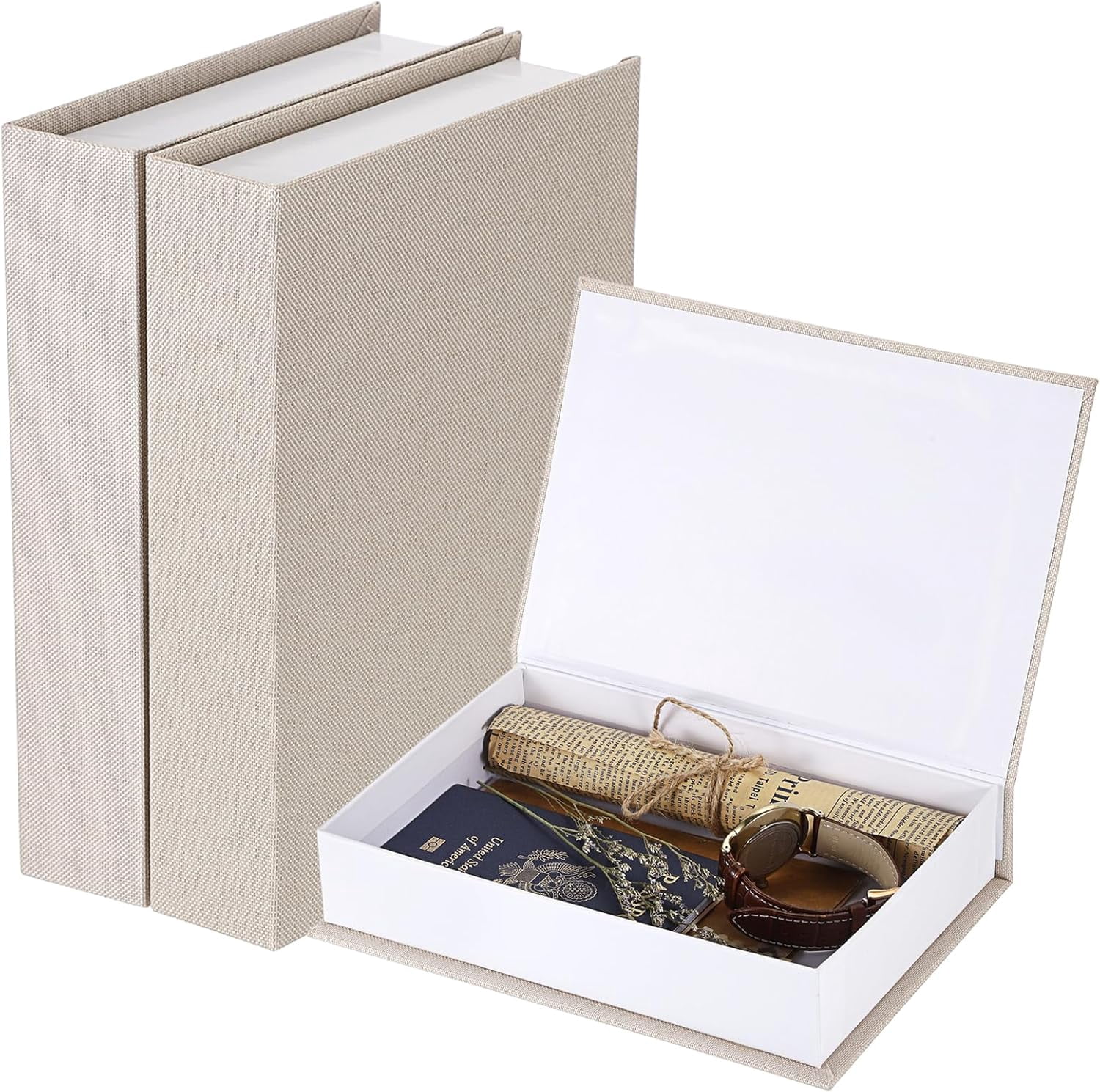 ABPETE 3 Pcs Faux Book Box for Decoration Beige Neutral Linen Photo Storage Boxes Memory Box with Magnetic Lid for Keepsake Home Decor Boxes for Bookshelf Coffee Table