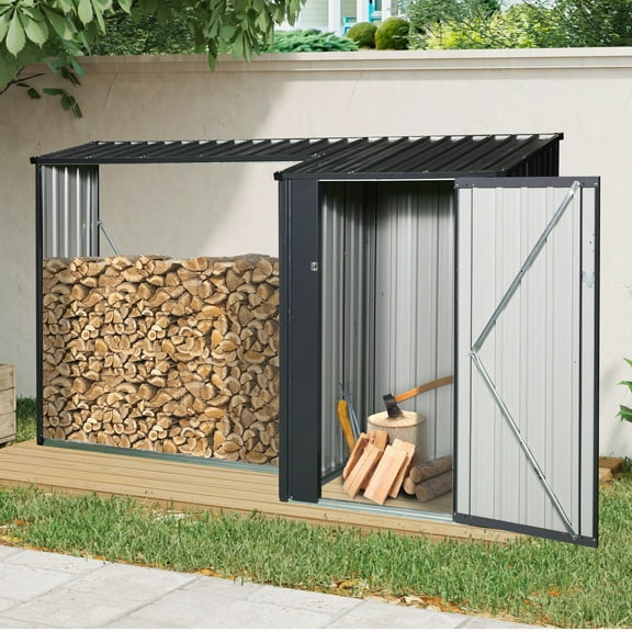 Outdoor Steel Firewood Rack and Metal Storage Shed,Two-In-One,Black (W540P171889) updated version