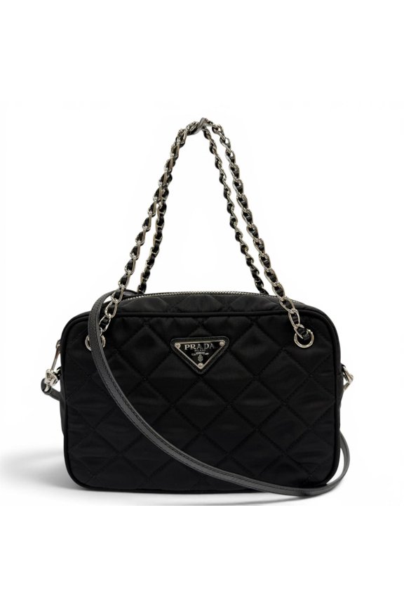 Pre-Owned PRADA 1BH910 Tessuto Inpunto Triangle Logo Leather 2-Way Handbag/Shoulder Bag Black...