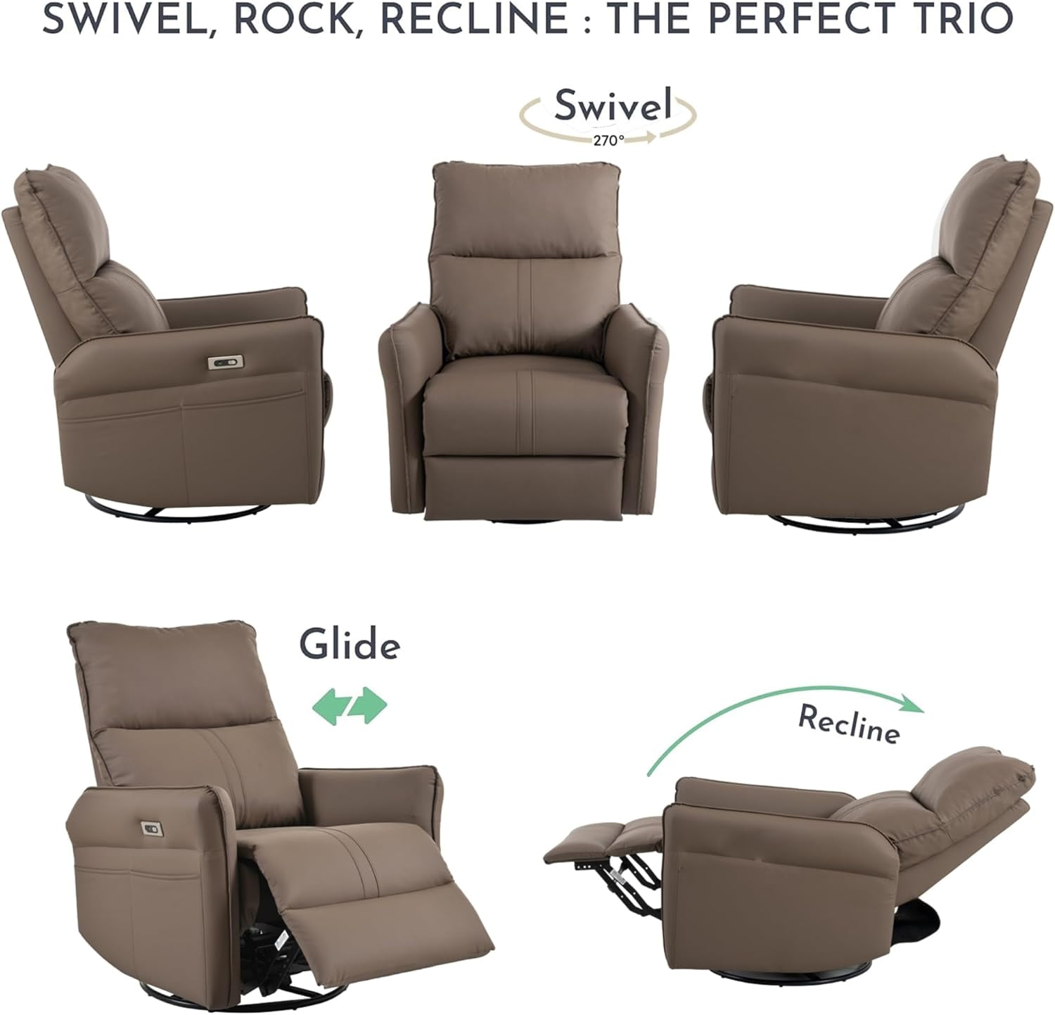 270° Power Swivel Rocker Recliner Chair, Electric Glider Reclining Sofa with USB Ports, Power Swivel Glider, Rocking Chair Nursery Recliners for Living Room