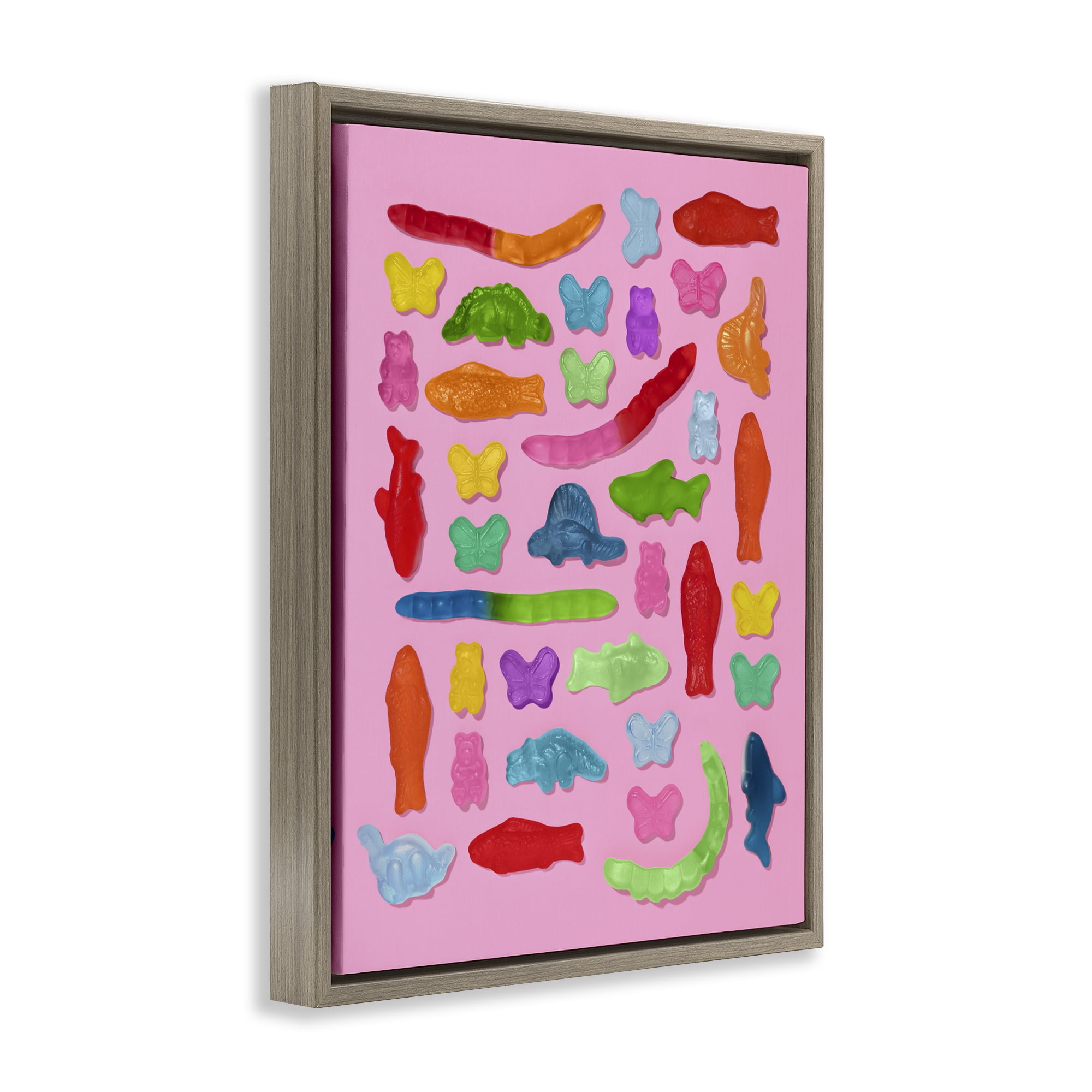 Stupell Industries Pink Gummy Animal Collage Brown Framed Floater Canvas Wall Art, design by LISH Creative