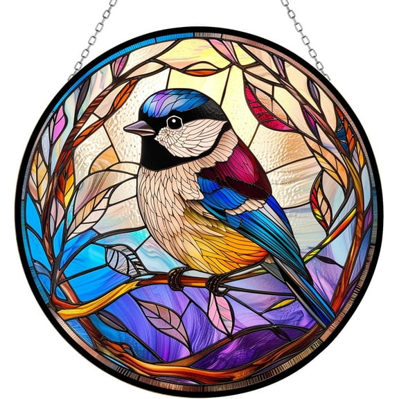 Chikadee Bird Stained Glass Cat Sun Catcher, Wall Hanging Colored Decor Room Indoor Window Decor, Halloween, Christmas Hanging Ornament