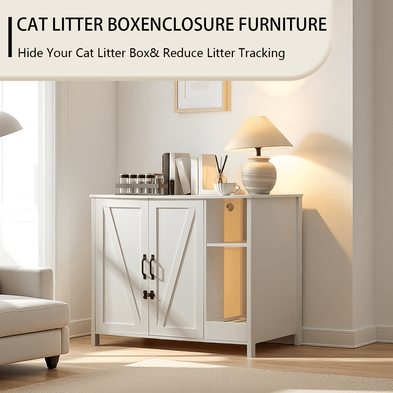 Litter Enclosure with Litter Collector, Litter Cabinet with Dog-Proof Adjustable Shelf, for Placing Cat Robot 3/4, Power Outlet ,Cloud White