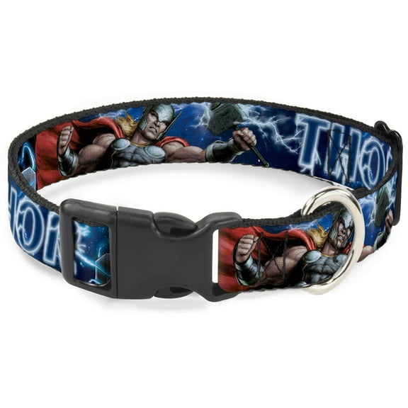 Marvel Comics Pet Collar, Dog Collar Plastic Buckle, Avengers Thor Hammer Action Pose Galaxy Blues White, 7 to 8.5 Inches 0.5 Inch Wide